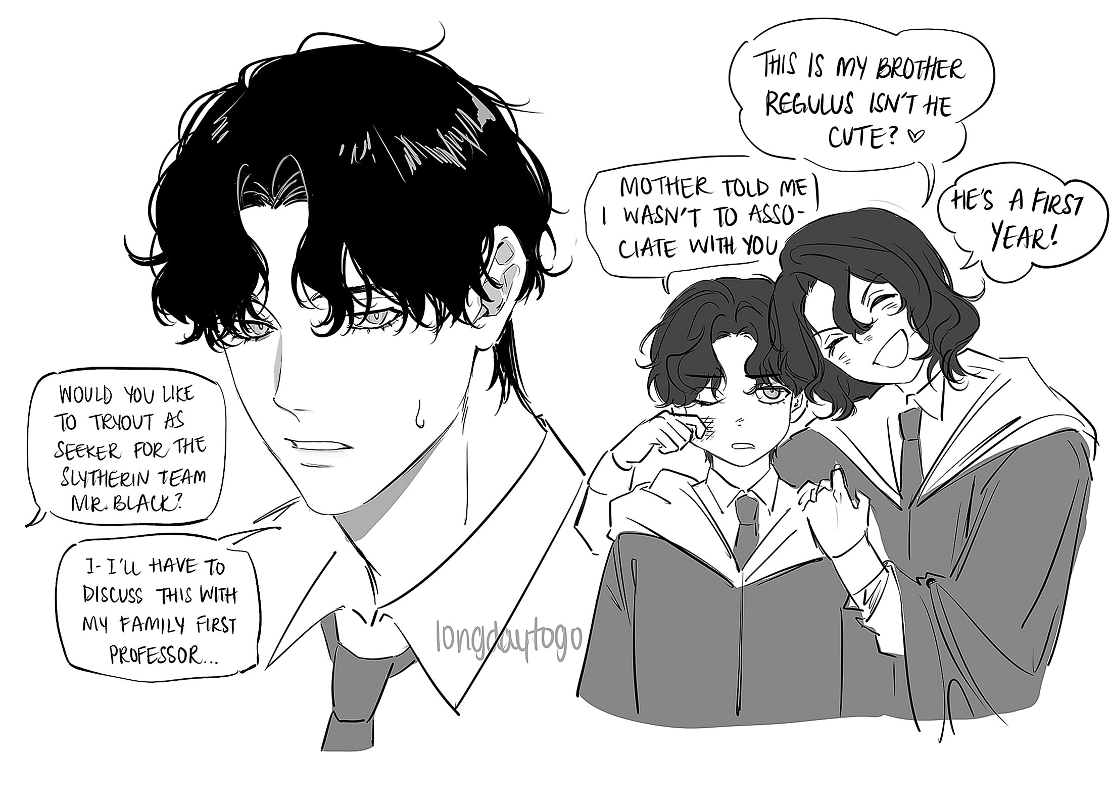 he image is a fanart piece in black and white, depicting a scene seemingly inspired by the harry potter universe.  it features three characters: a seriouslooking older male character who appears to be a slytherin student, and two younger brothers, one of whom is identified as regulus. the older brother is being asked to try out for the slytherin quidditch team. the younger brother is crying, and the older brother is comforting him, revealing a conversation where their mother forbade association between the older brother and the character he's talking to.  the art style is reminiscent of manga or anime, with expressive linework and shading. the dialogue is presented in speech bubbles, conveying a conversation about the older brother's potential involvement in quidditch and family dynamics.