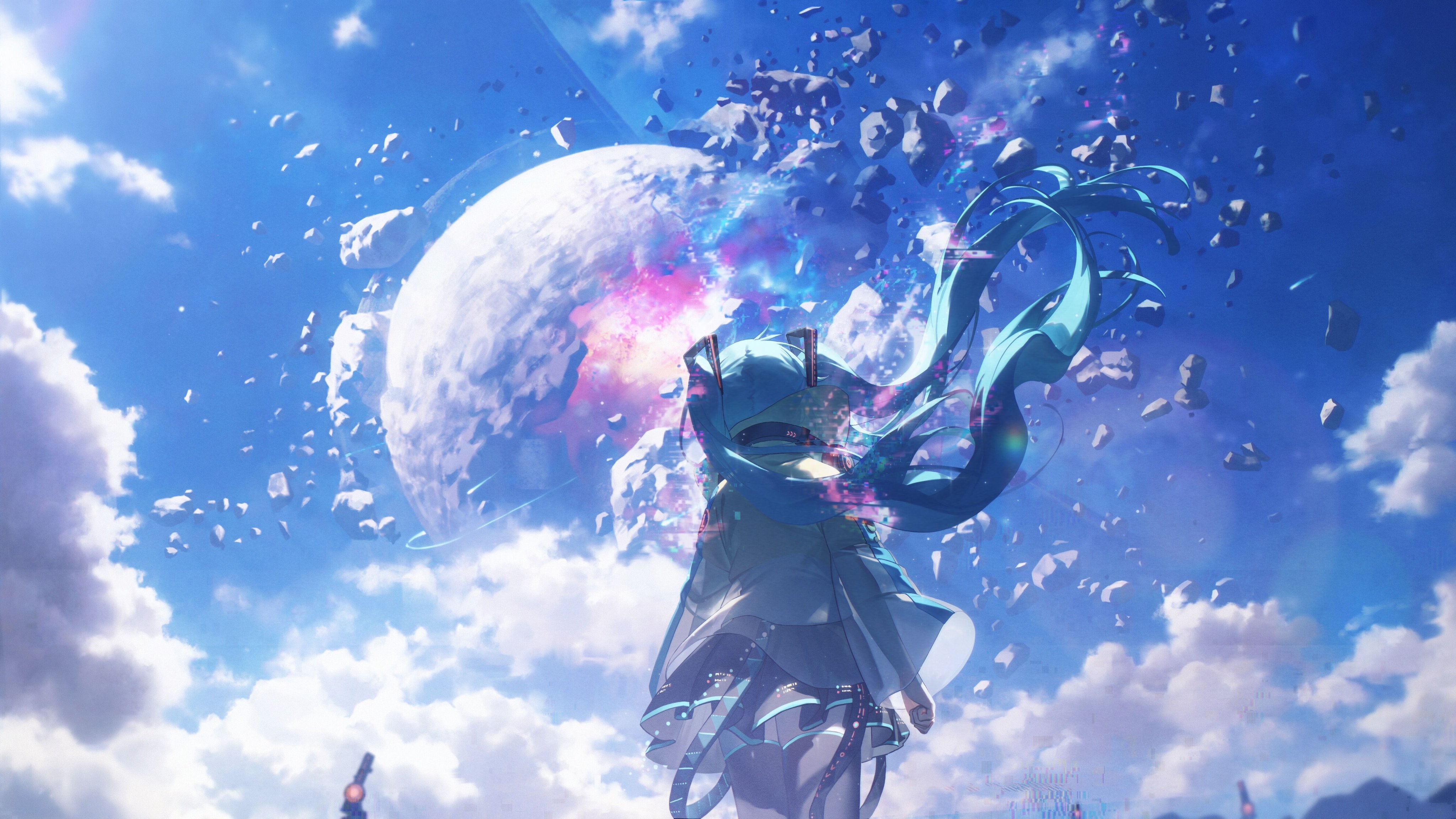 an animestyle image featuring hatsune miku with long, flowing blue hair, standing in front of a sky filled with clouds and a large planet that appears to be breaking apart, with debris scattered around. the scene has a science fiction and futuristic feel.