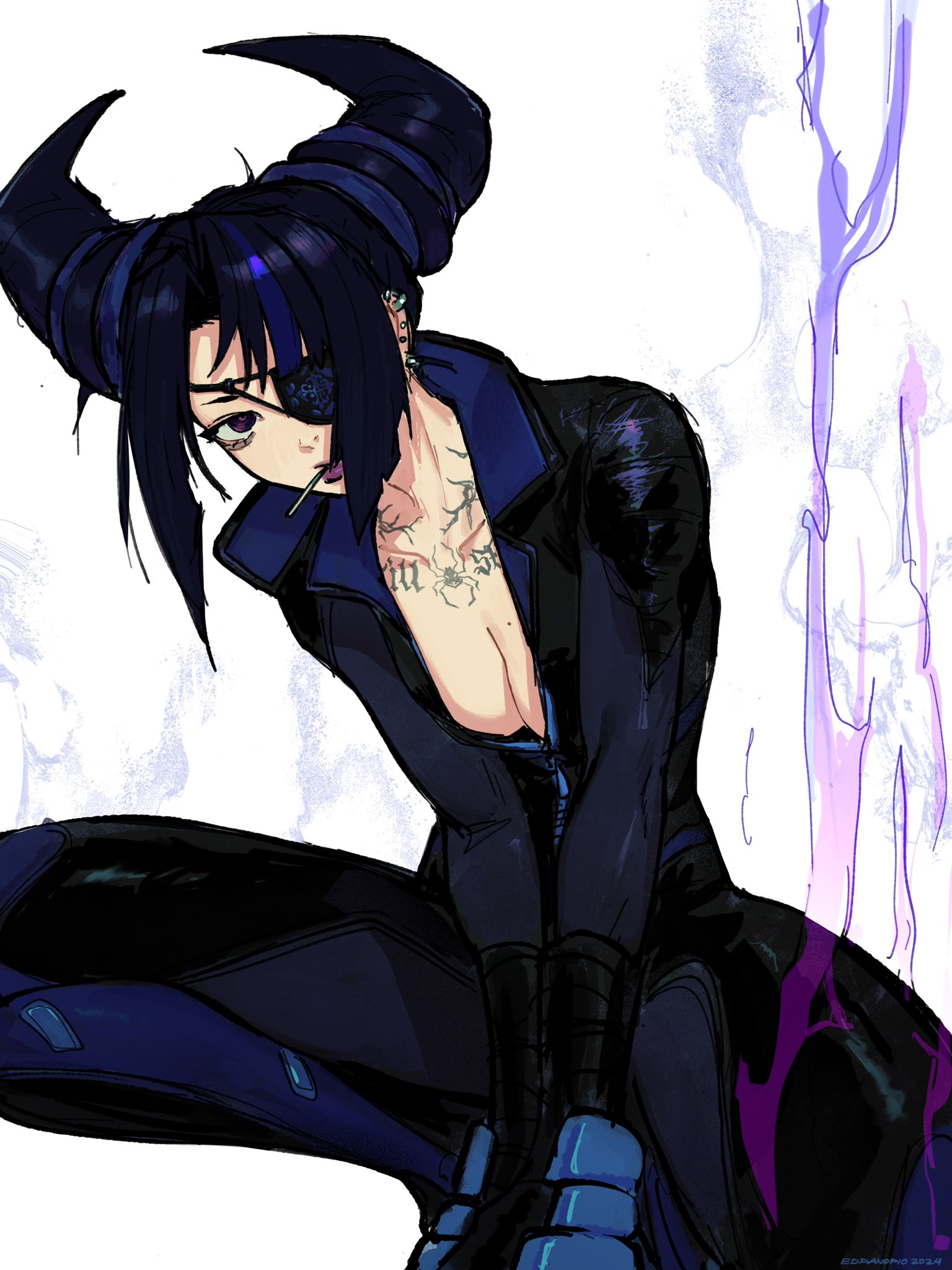the image is a digital drawing of an animestyle female character. she has dark hair styled into horns, an eyepatch over her left eye, and tattoos on her chest.  she's wearing a dark blue and black cyberpunkinspired outfit, and sits with a slightly mischievous expression.  a purple, almost ethereal, light trails in the background, adding to the mystical and edgy atmosphere of the piece. the art style is detailed, with shading and linework conveying texture and depth.