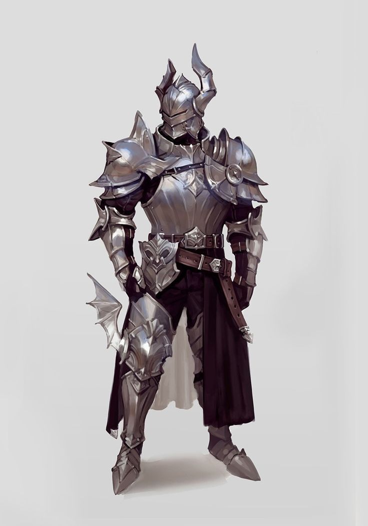 the image shows a fullbody illustration of a fantasy knight. the knight is clad in detailed silver armor with a dark cape, standing in a serious pose. the armor is intricately designed with various metal plates, and the helmet features horns. the knight appears to be wielding a sword or a similar weapon. the style is reminiscent of concept art for a video game or fantasy novel. the background is a simple, neutral gray, focusing attention on the knight. the overall mood is dark and dramatic.
