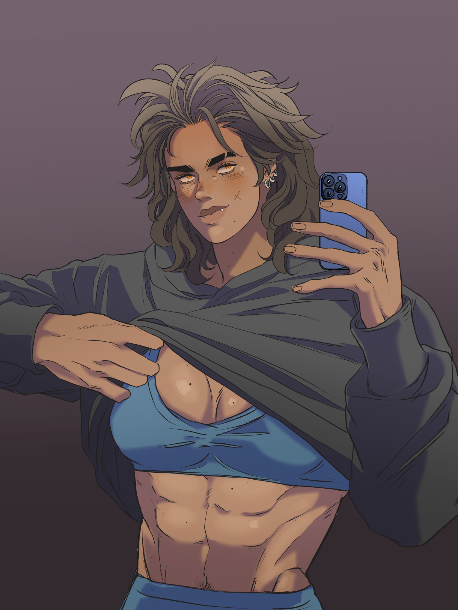 an illustration of a muscular woman with abs, taking a selfie while lifting her gray hoodie to reveal a blue sports bra. she has wavy brown hair, tan skin, yellow eyes, multiple piercings in her left ear, and a scar on her left cheek. she is wearing a blue sports bra and matching blue pants. she is holding a blue phone in her right hand, taking a selfie. the background is a plain grayish purple.