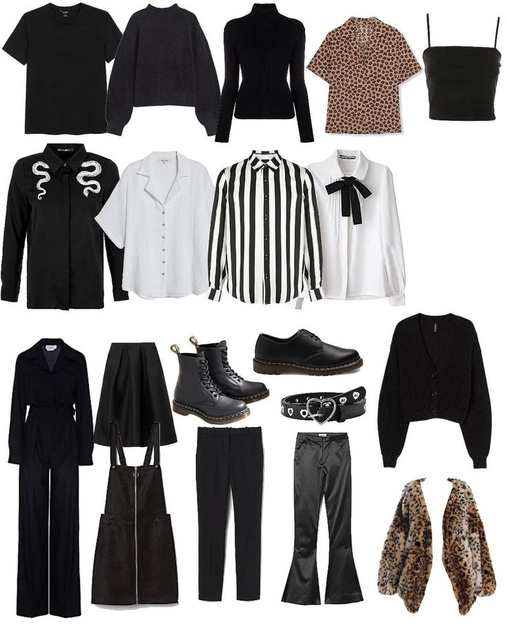 the image showcases a variety of clothing items, including tops such as tshirts, sweaters, turtlenecks, blouses and shirts, pants, skirts and dresses. several accessories are also featured such as boots, loafers and a heartshaped belt. the color palette mainly consists of black and white, with some leopard print and snake print items included.