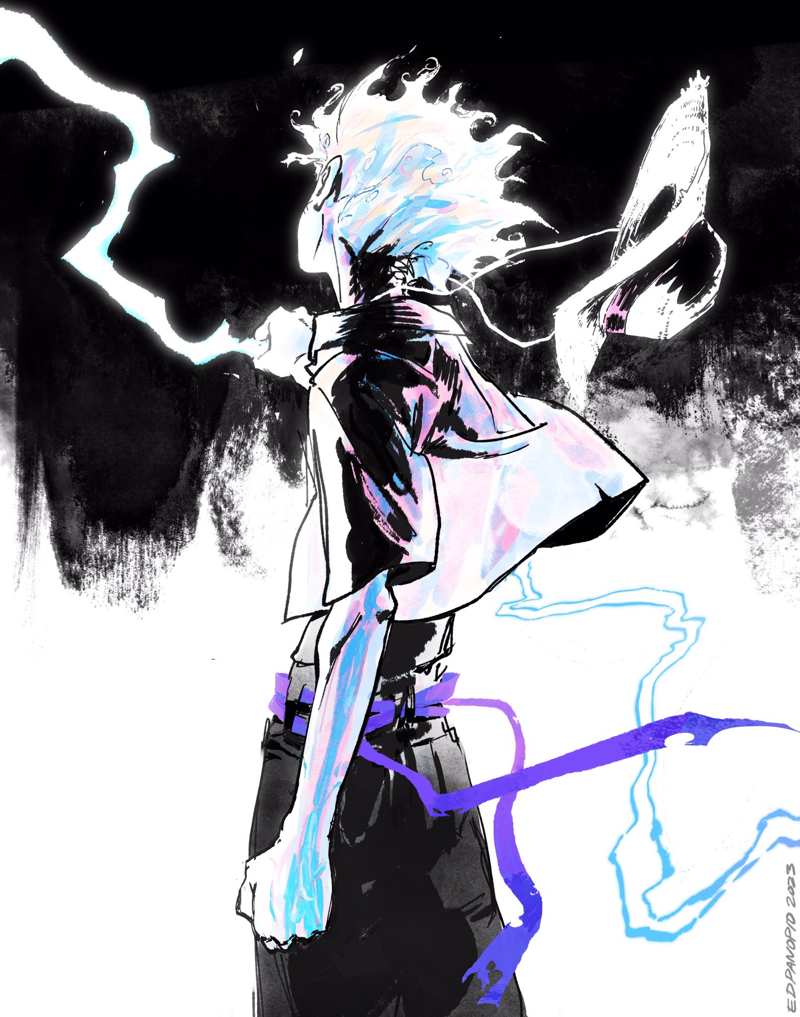 the image is a striking piece of digital artwork in a style reminiscent of anime and manga. it depicts a dynamic character, possibly male, with spiky, windblown hair that seems to be charged with electricity.  the character's body is depicted in a powerful, almost defiant pose.  the color palette is primarily monochrome with accents of pastel purple and light blue, giving the piece an ethereal quality. the background is largely dark and indistinct, focusing attention on the character and the energy surrounding them.  the art style is highly expressive, using bold lines and brushstrokes to convey movement and power. there is a flowing purple ribbon or scarf also blowing in the wind adding to the dynamic feel. the overall mood is dramatic and intense, suggesting action or a moment of great power. the image has a strong sense of movement and energy.