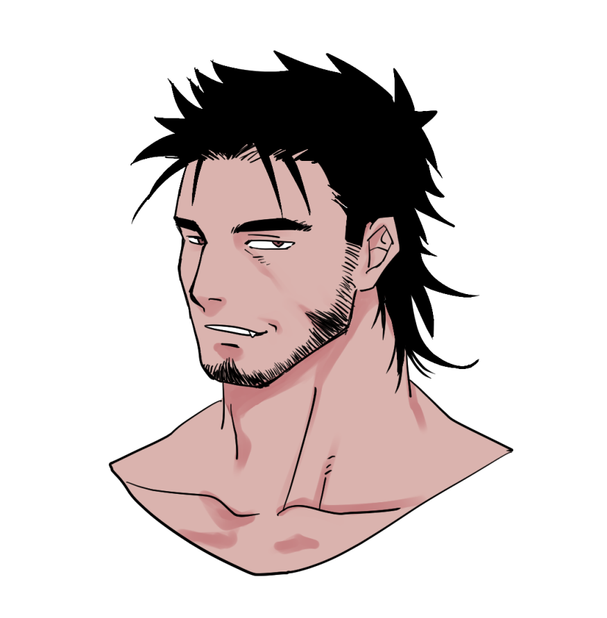 a closeup illustration of a man's head and shoulders. he has dark hair, a short beard and goatee, and a confident smirk. his skin tone is light, and his build is muscular. the style is reminiscent of anime or manga. the background is black.