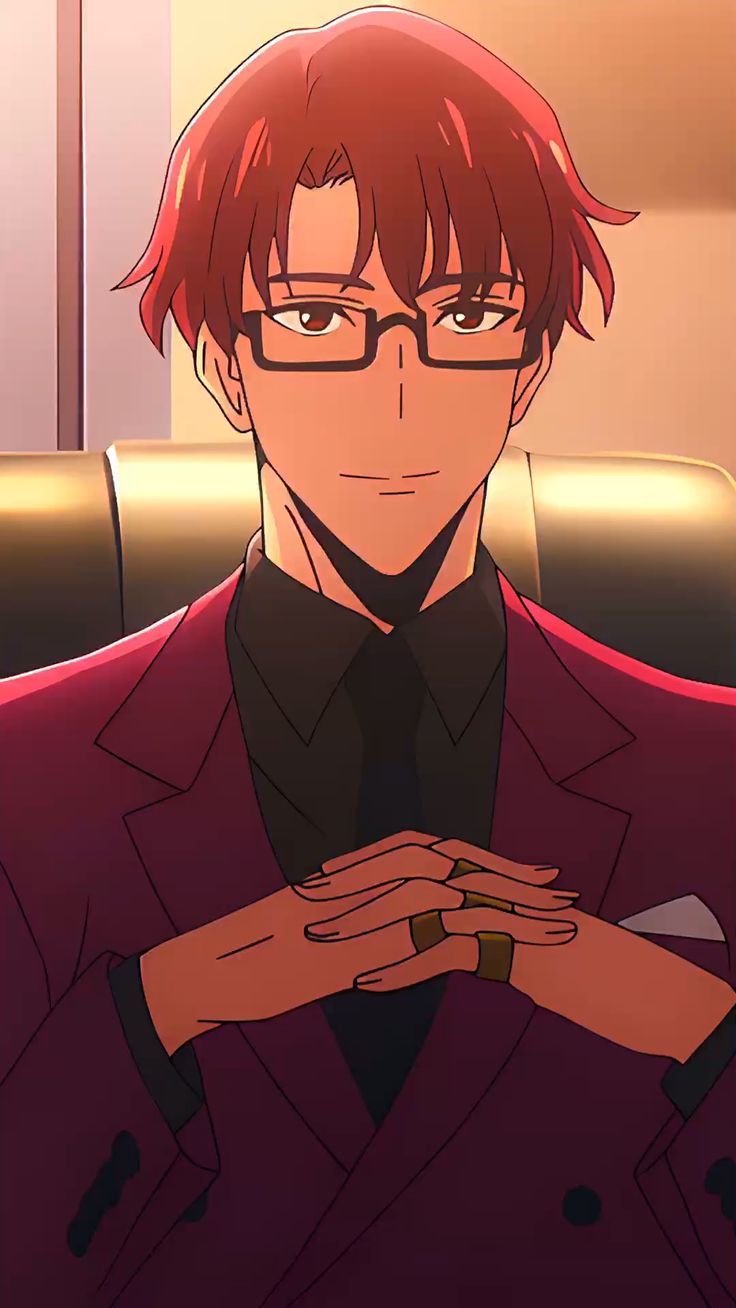 an anime man with brown hair and glasses sits with his hands folded, wearing a red suit and black tie. the lighting is bright and warm, suggesting an office setting. the portrait showcases his confident and professional demeanor.