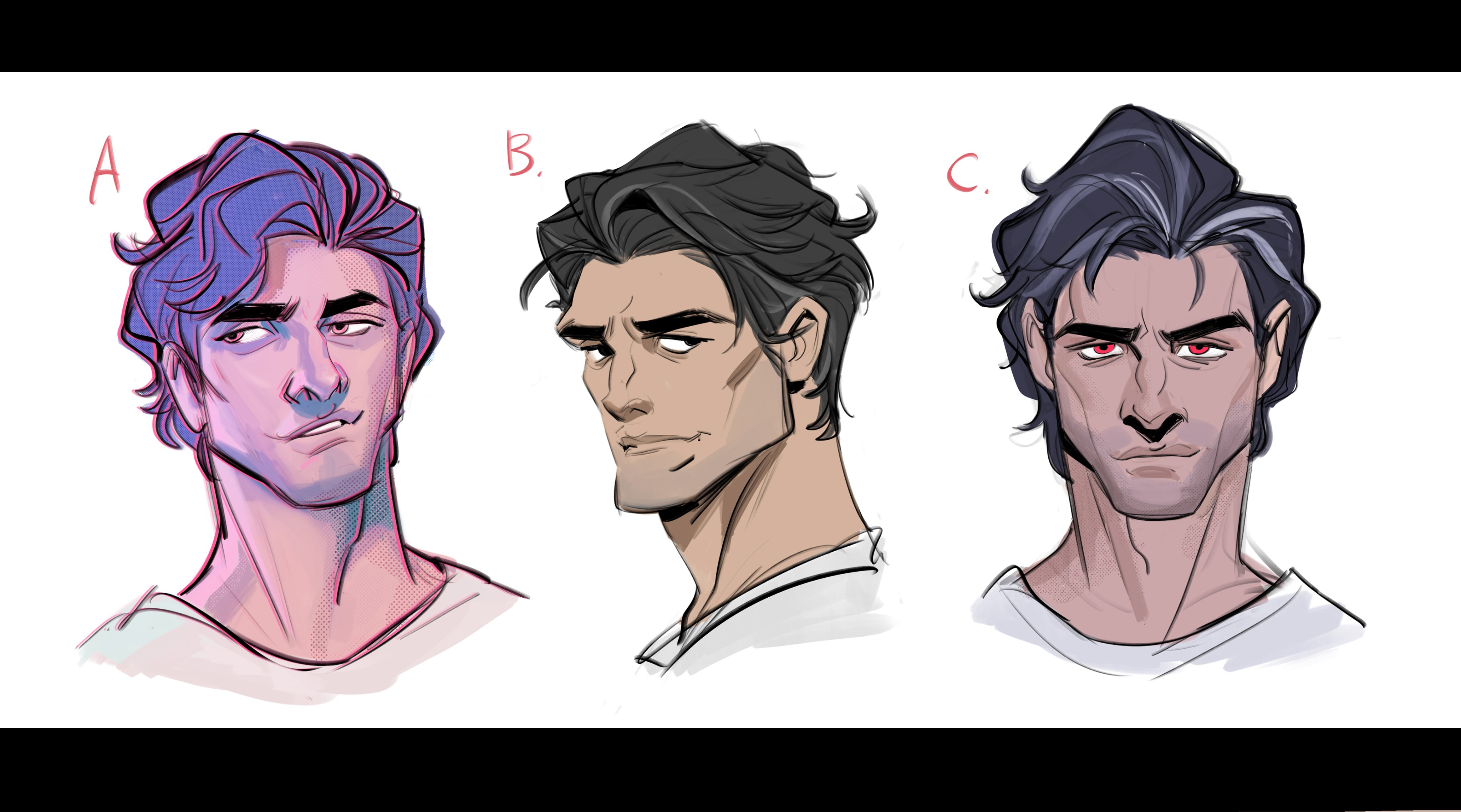 the image presents three different versions (a, b, and c) of a male character's head and shoulders, showcasing variations in hairstyle and hair color.  version a features the character with purple hair, version b with dark, styled hair, and version c with dark hair styled differently and with red eyes. each version presents a slightly different facial expression, offering a comparison of different artistic choices for the character's overall look. the style is consistent across all three versions, suggesting these are concept art pieces for the same character. the art style is digital, with a loose, painterly feel.