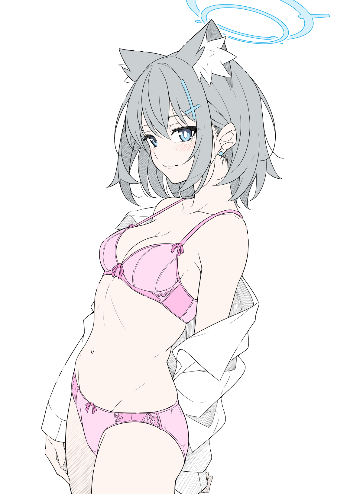 the image is a digital drawing of an animestyle girl with grey hair and cat ears. she's wearing a pink bra and panties and a partially removed white shirt.  she has blue eyes and a halo above her head. the style is soft and delicate, with light shading and linework.  the overall impression is of a cute, innocent, and slightly shy girl.