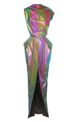 a long, iridescent formal gown with a slit up the front. the dress is oneshouldered and has a metallic, almost holographic sheen with colors shifting between green, blue, purple, and pink.