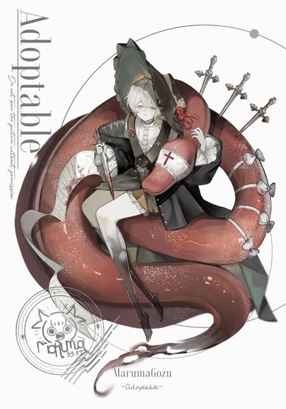 the image is an illustration of a character design labeled as "adoptable" by marumagozu. it depicts a paleskinned girl with light hair, wearing a dress with a black jacket and a hat. she holds a dagger in her hand. surrounding her is a large, red snakelike creature with bows along its body, and three swords are sticking out of it. a red pillow with a white cross is near her shoulder. there is also a circular design or logo in the lowerleft corner. the overall style resembles anime or manga.