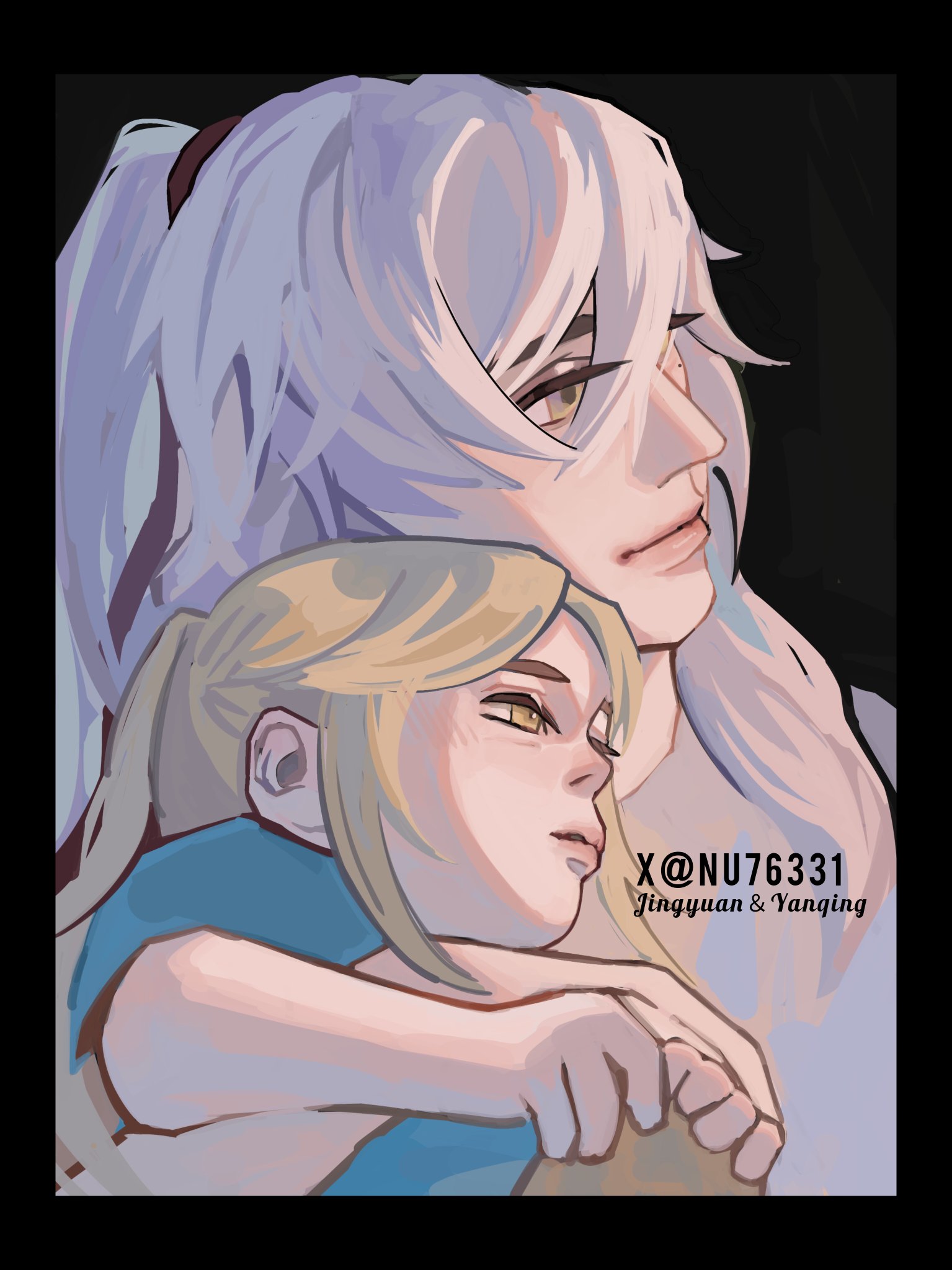 this is a digital art illustration of two young women. the woman in the back has long white hair, while the woman in front has long blonde hair. the woman in the back is embracing the woman in front, and their heads are close together. the woman in the back has her eyes closed, while the woman in front has her eyes halfclosed. the illustration is done in a soft and gentle style, and the colors are muted and pastel. the image conveys a feeling of love, intimacy, and affection.