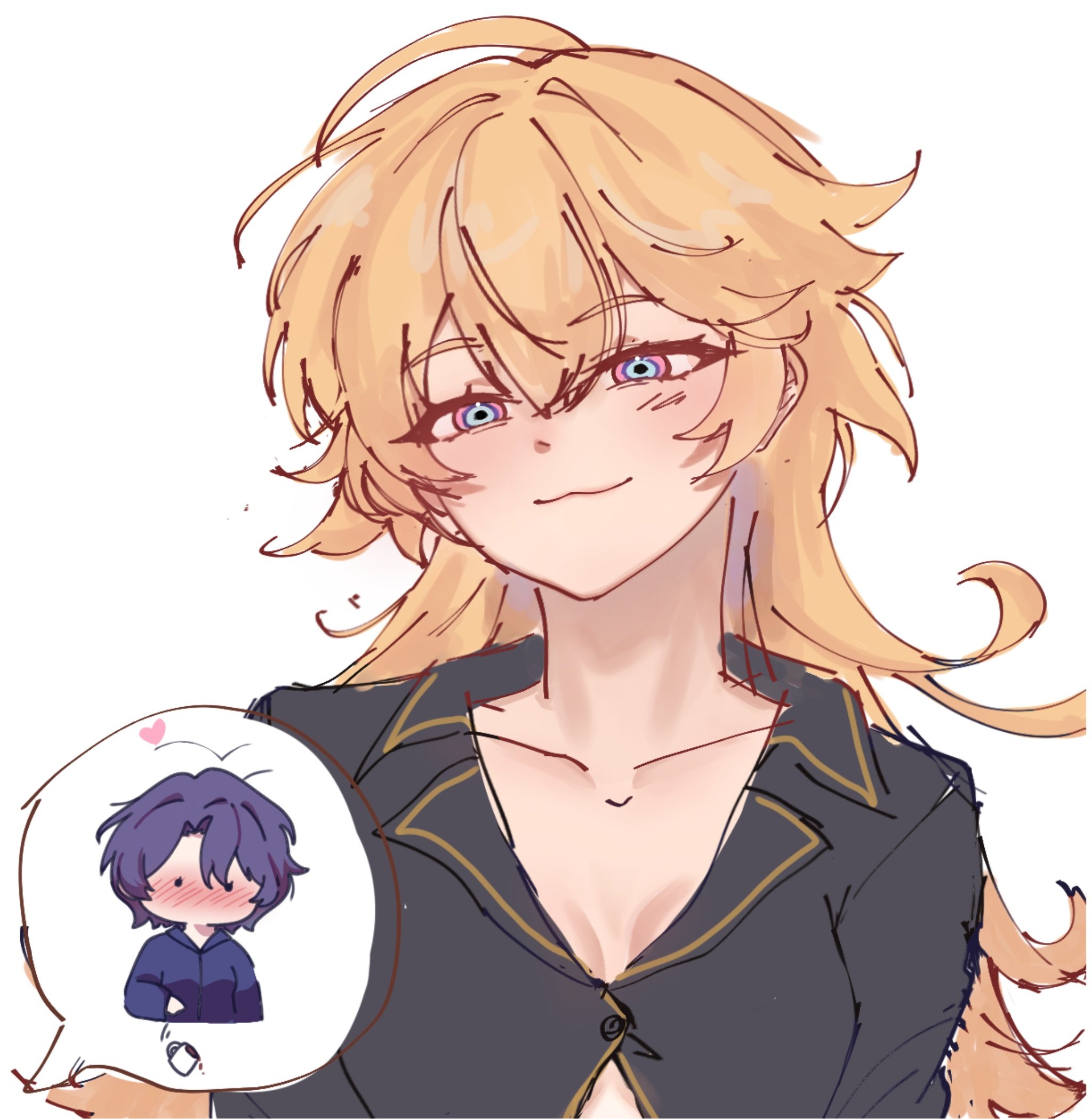 the image is a digital drawing or fanart in an anime style. it depicts a woman with long, blonde hair and blue eyes. she's blushing and has a gentle smile, suggesting she's daydreaming or thinking happily. in a thought bubble next to her is a smaller, chibistyle drawing of a boy with purple hair and a similar blush.  the woman is wearing a darkcolored, opencollared shirt with gold trim. the overall style is soft and slightly sketchy, not perfectly polished, giving it a casual and charming feel.