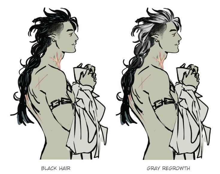 the image shows a drawing of a man from the waist up. he's facing to the right, holding a cup of coffee. the man is wearing a white shirt with a black bracelet on his left wrist. he has dark grey skin and a cross shaped scar on his back. on the left of the image, the man has black hair. on the right of the image, the man has grey hair with a black streak on the left side.