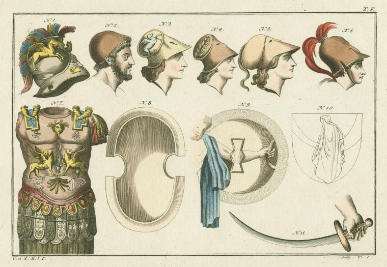 the image is a historical illustration featuring various ancient artifacts, including different styles of helmets, torso armor, shields, and a scimitar. the helmets are numbered from 1 to 6, each with a unique design, including crests, decorative elements, and various shapes. the torso armor, numbered 7, is adorned with winged creatures and other decorative motifs. shields numbered 8 and 9 are distinct in shape and design, with number 9 being held by a figure. an additional shield design is numbered 10. lastly, the scimitar, numbered 11, is shown held by a hand.