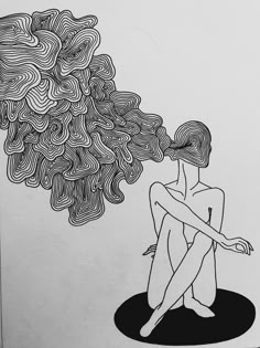 this black and white line drawing depicts a woman with her head obscured by an abstract cloud of smokelike lines. the lines make up the body of the woman and the cloud of smoke that seems to be engulfing the woman.  she has her legs crossed and her arms wrapped around her. her hands are visible and one of them is reaching out towards the right.  she is sitting on a black circle. the drawing is minimal and simple, using just lines to create a sense of mystery and intrigue.  the lack of detail and the ambiguous nature of the image invite viewers to create their own interpretations and meaning.