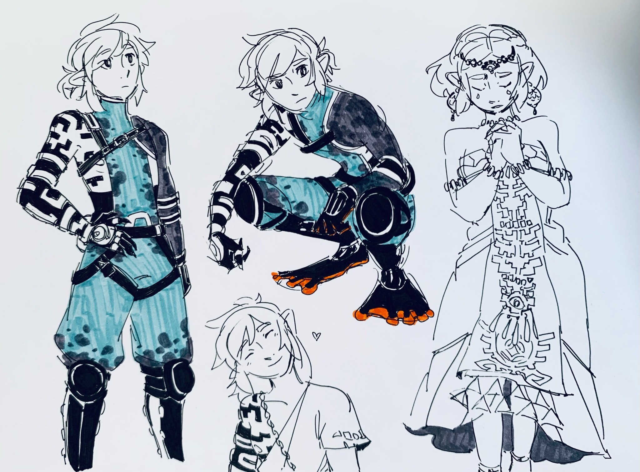 this is a black and white illustration of link and zelda from legend of zelda: breath of the wild. there are three sketches of link in different poses, wearing his champion's tunic, and one sketch of zelda in her ceremonial dress.
