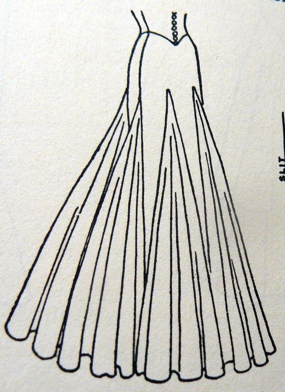 a drawing of a floorlength gown with a fitted bodice and a skirt with multiple godets or slits. the gown has a high waist and possibly a corsetstyle closure in the back.