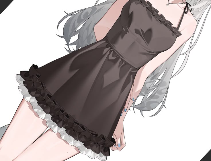 the image depicts an animestyle drawing of a girl wearing a short, dark brown dress with ruffled trim. she has fair skin and long, grey hair. the dress features thin spaghetti straps.