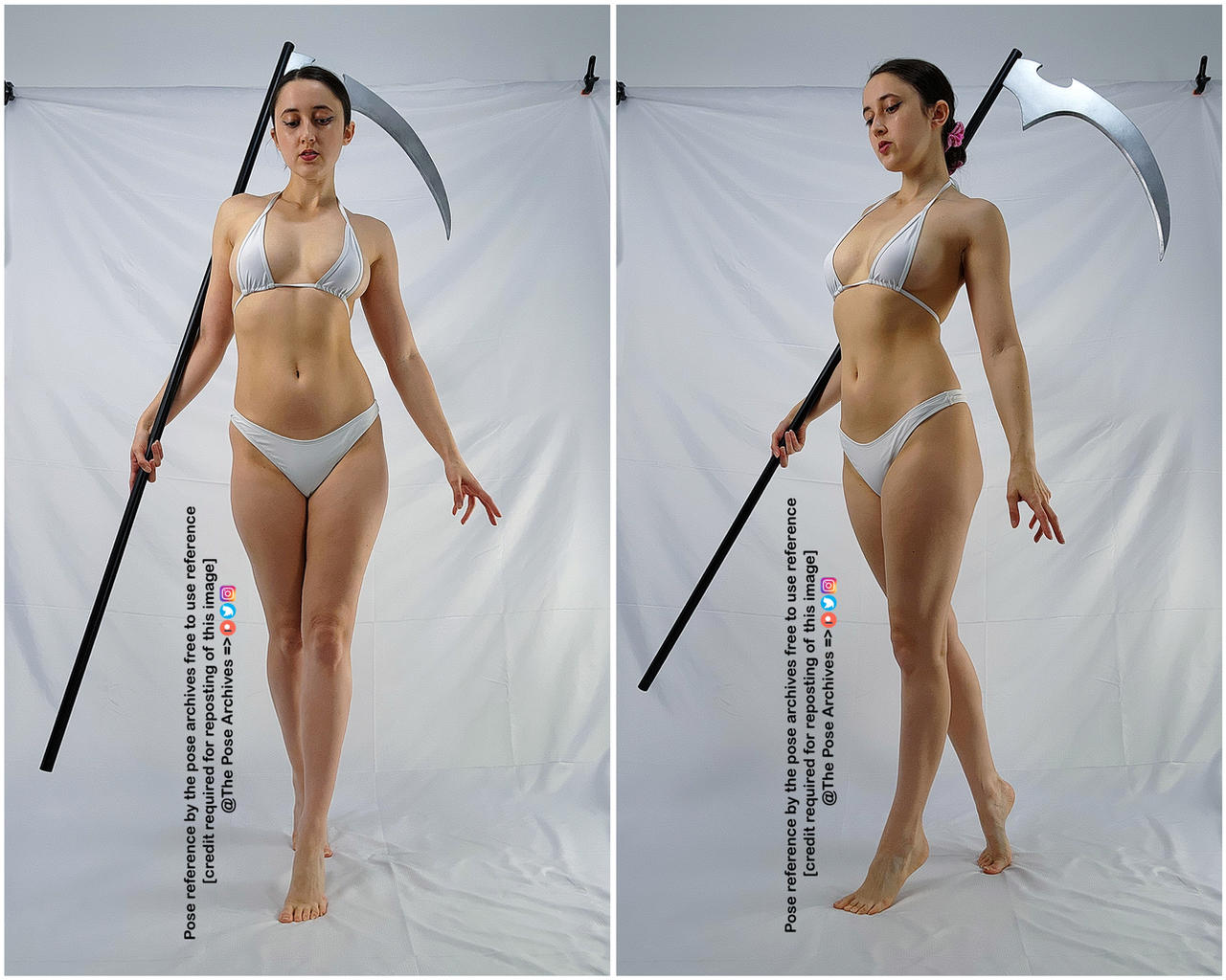 a woman in a white bikini is posing with a scythe in a white room.