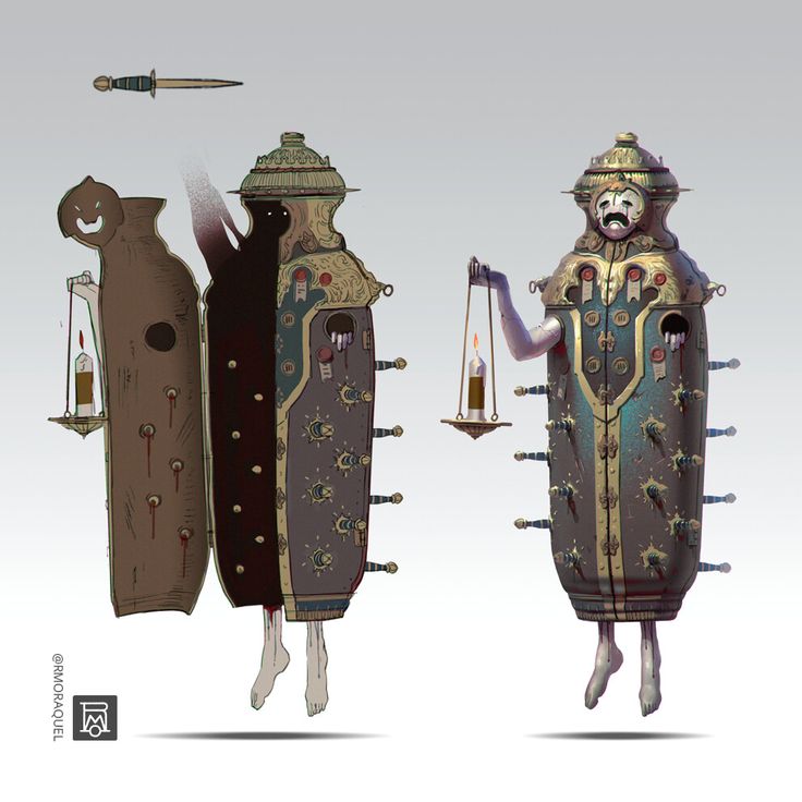 this digital illustration shows two humanoid figures that are dressed in armor that resembles a suit of armor. the figures are levitating in the air, while holding a lit candle on a chain. their arms are extending from the armor, while their bodies are completely encased in it. the armor is a dark, metallic gray color with a goldplated surface. it is covered in various kinds of weapons such as swords, daggers, and knives. there is a small opening that reveals a ghostlike face. the figures are creepy and macabre in nature.  the illustration has a dark and gloomy feel.