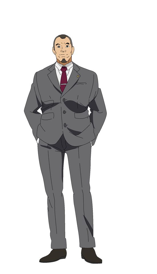a cartoon man in a grey suit with a burgundy tie is standing in a white background. he has brown shoes, short brown hair, and a serious expression on his face.
