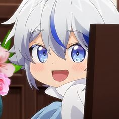 this is a digital illustration of a young anime boy with white hair and striking blue eyes. he has a cheerful expression and is smiling brightly. his youthful features are emphasized by his large eyes and small stature. the boy appears to be indoors and is framed in a closeup perspective. the image utilizes soft lighting, creating a gentle and appealing ambiance.
