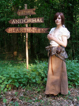 the image shows a woman cosplaying as a character from the dragon age video game series, possibly a female human mage. she's dressed in a brown medievalstyle outfit and stands in a forest setting beside a wooden signpost pointing in three different directions: brim, andorhal, and hearthglen.  the overall scene creates a fantasy atmosphere. the woman is looking directly at the camera.