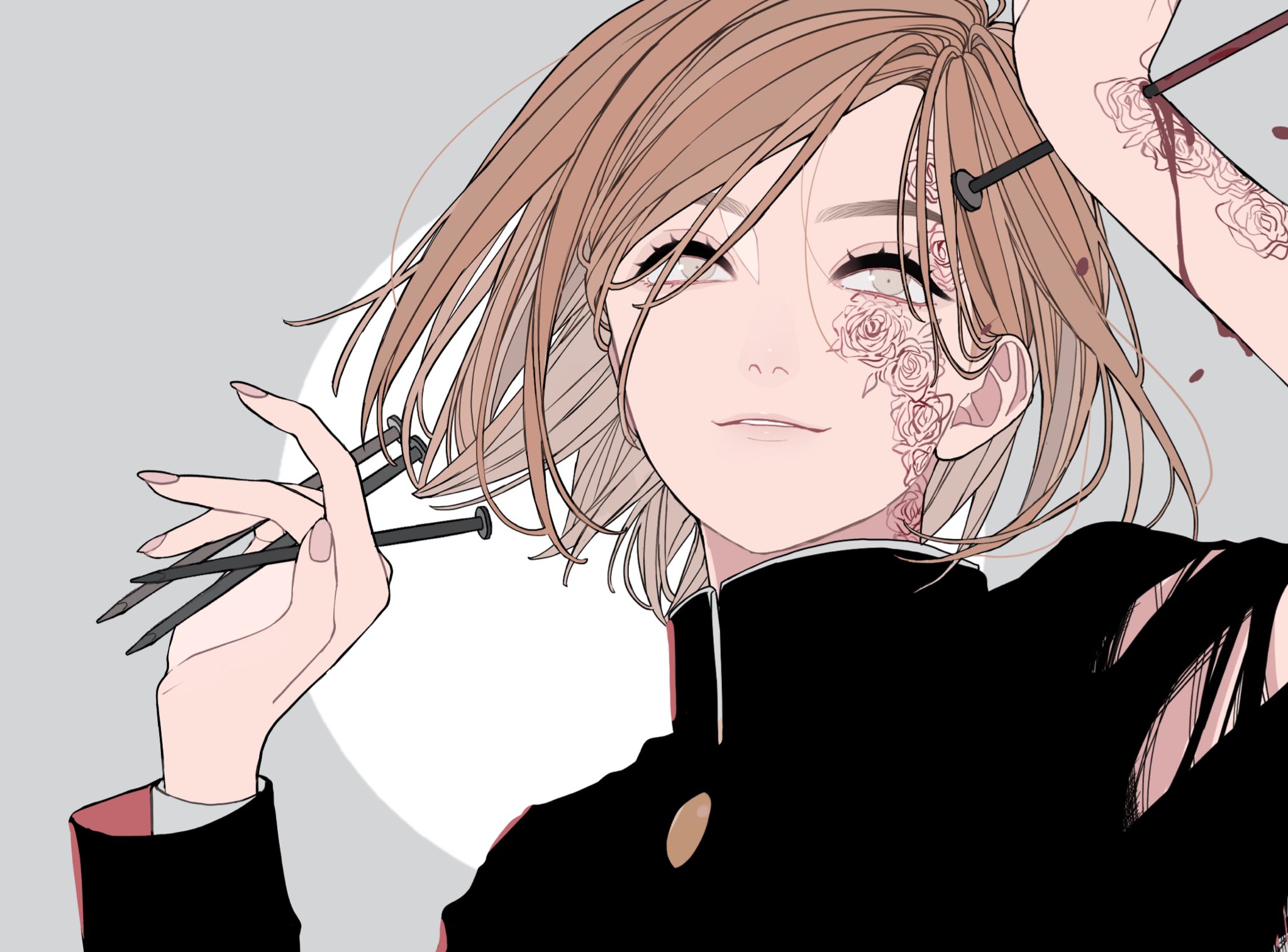 an animestyle illustration depicts a young woman with short, light brown hair, holding nails in her hand. she has a rose tattoo design on the side of her face and additional roses on her arm where a nail is pierced through. she is wearing a black uniform with a high collar and a single gold button. her expression is calm and slightly smiling.