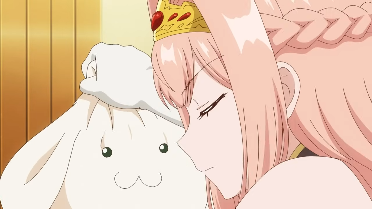 the image shows a closeup of an anime girl with long pink hair and a gold crown resting her head on a white bunnyshaped plush. she has her eyes closed and appears to be sad or tired. the background suggests a brightly lit indoor environment.