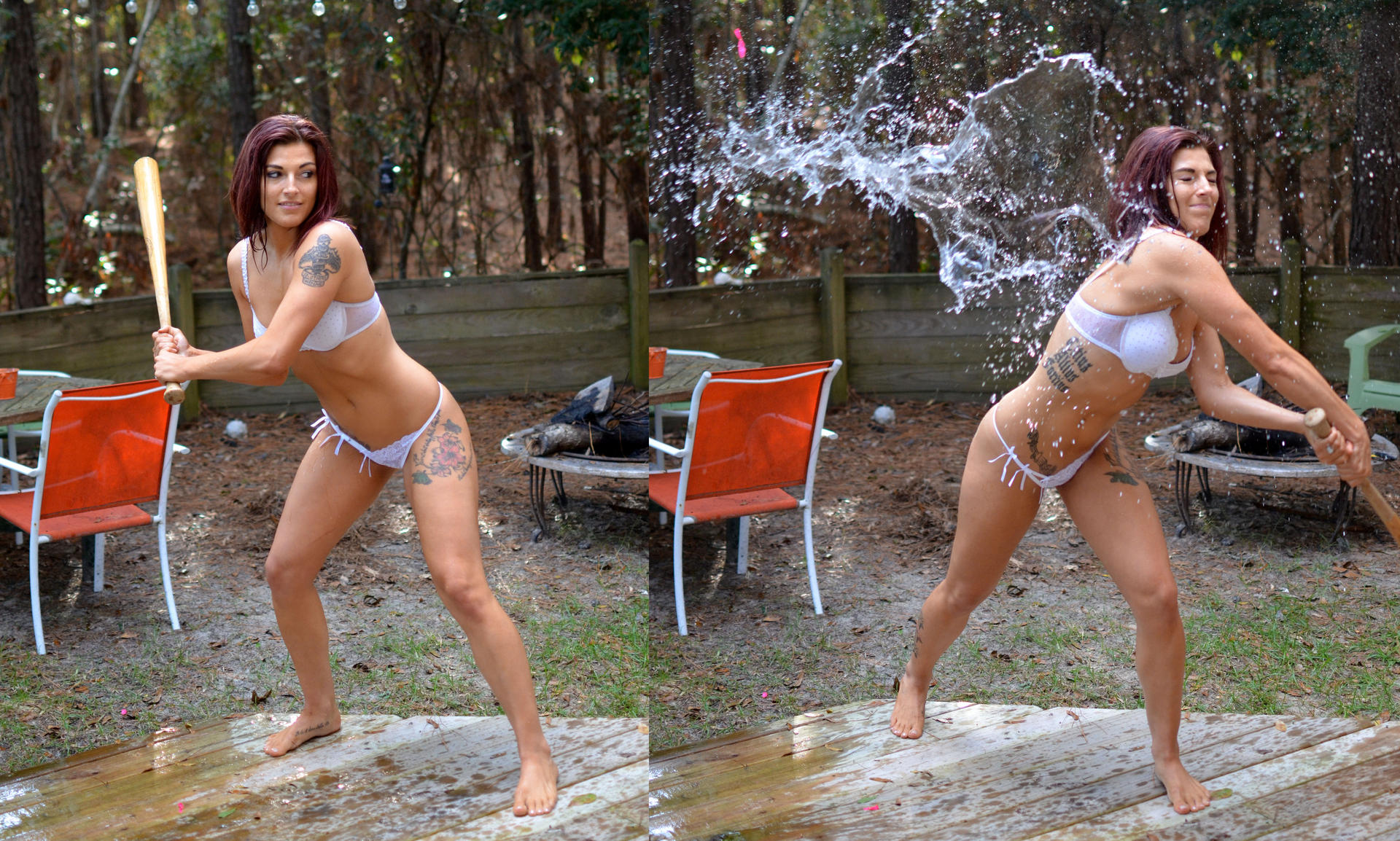 a split image showing a young, attractive woman with tattoos on her body wearing a white bra and panties. she is swinging a wooden baseball bat.  in one image, she is dry.  in the other, a large splash of water is hitting her as she swings the bat.  she is outdoors on a wooden deck in a backyard with trees in the background.