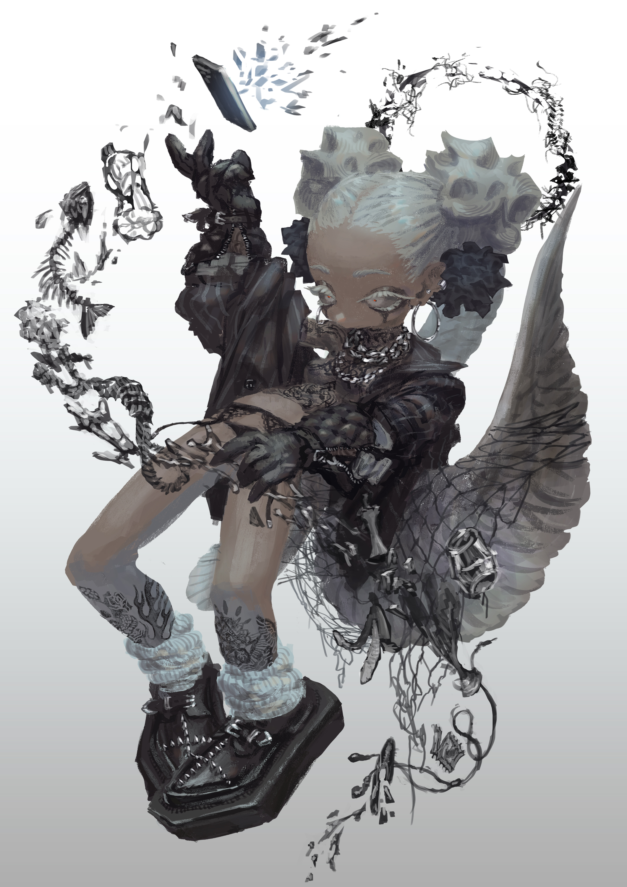 the image is a digital illustration depicting a stylized female character with a dark, gothic aesthetic. she possesses pale skin, unique skullshaped hair buns, and is adorned with numerous tattoos.  she wears dark, grungestyle clothing including a black jacket and platform boots.  one of her distinguishing features is a pair of large, grey wings. she holds a shattered phone, and her surroundings are filled with ghostly, skeletal elements and ethereal, vinelike tendrils. the overall color palette is primarily greys and blacks, lending to the dark, moody atmosphere. the character's design is highly stylized and unique, with a blend of fantastical and contemporary elements.