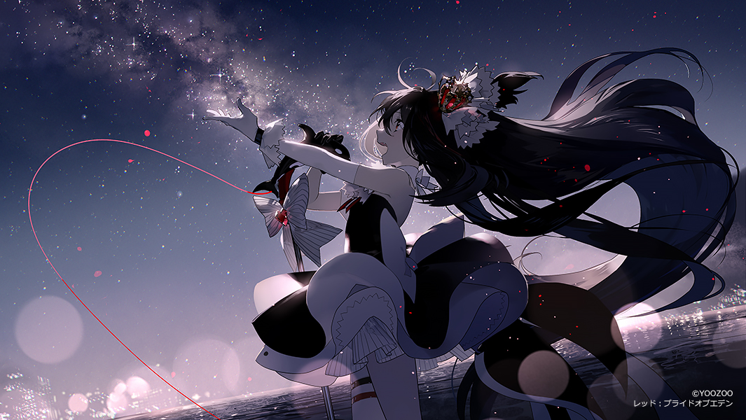 an anime girl with long black hair is standing with her arms outstretched towards a starry sky. she is wearing a black and white dress. a red string of fate connects her to the city lights in the distance.
