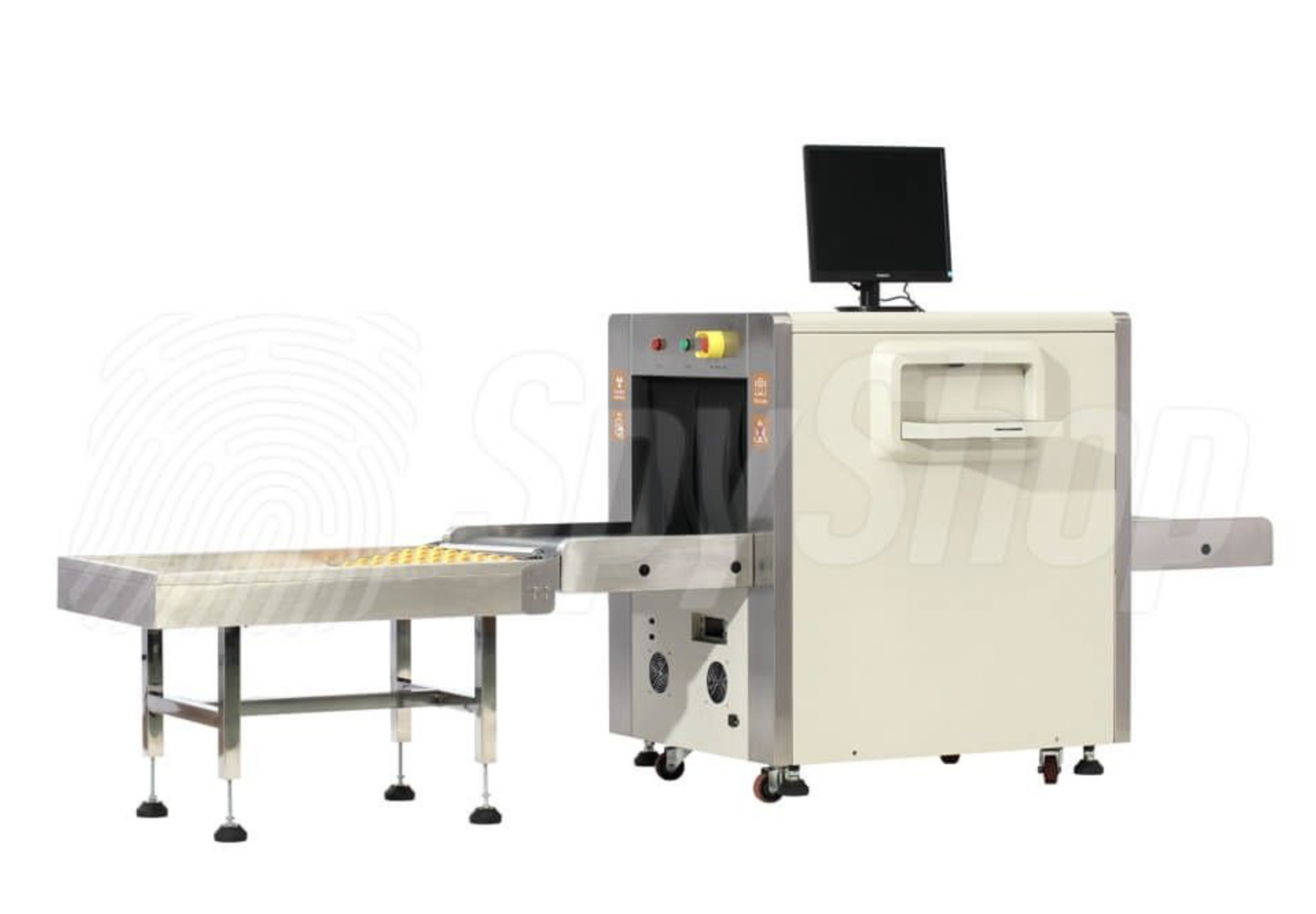 a white xray machine with a conveyor belt is shown in an isolated white background.  the xray machine has a screen on top and is connected to a conveyor belt that is on the ground.