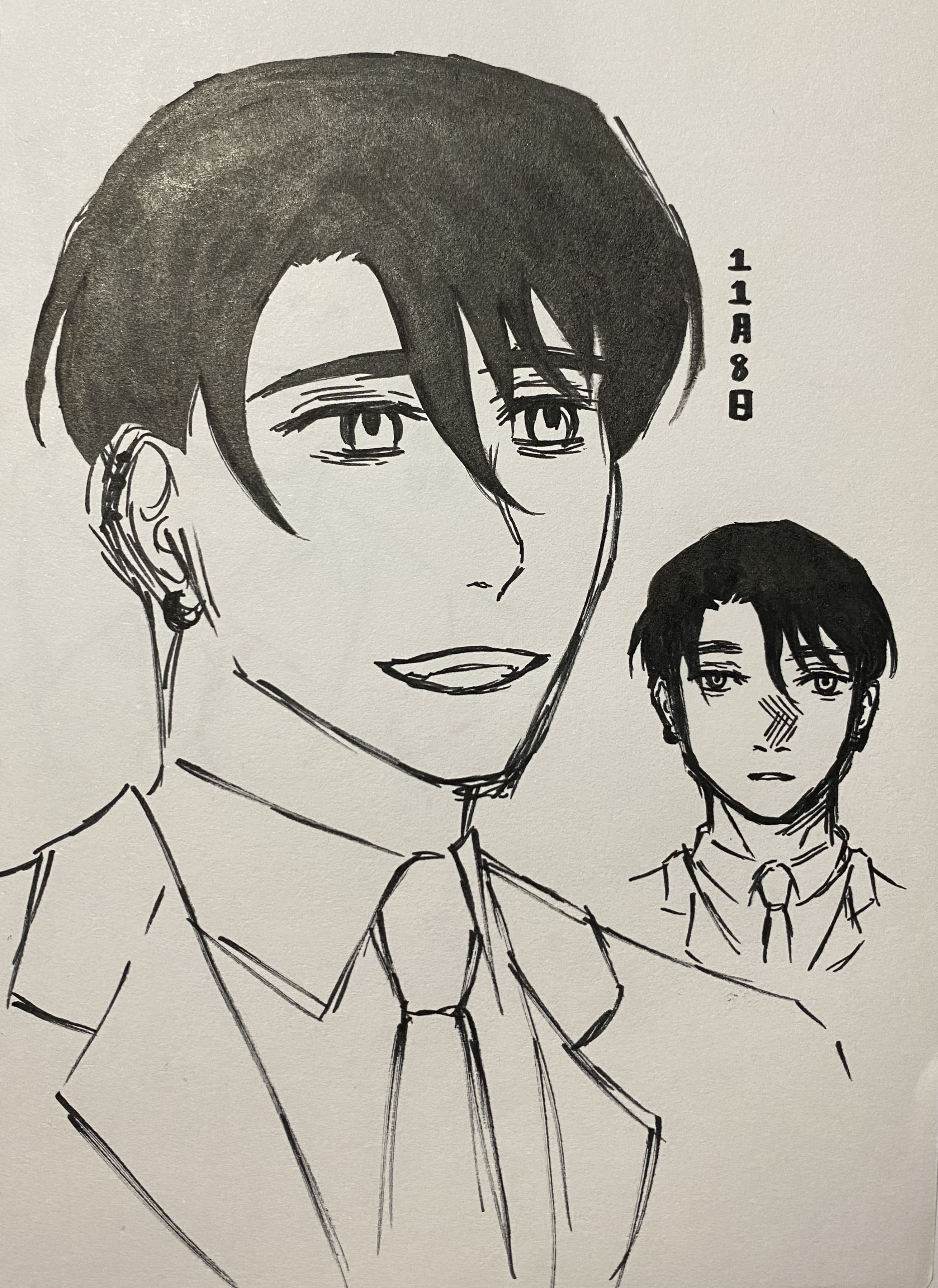 he image contains a drawing of two animestyle male characters. the larger character is depicted in a closeup portrait, showing a man with dark hair, styled neatly, wearing a suit and tie, with a subtle smile. he also has an earring. the smaller character is shown in a more distant, smaller drawing with similar features but a more neutral expression. both figures are rendered in black ink on a lightcolored background, presenting a blend of detailed features and a somewhat sketchy style. the overall mood is sophisticated and slightly melancholic.  there is also a small number sequence "11a88" written vertically on the right side of the larger figure.