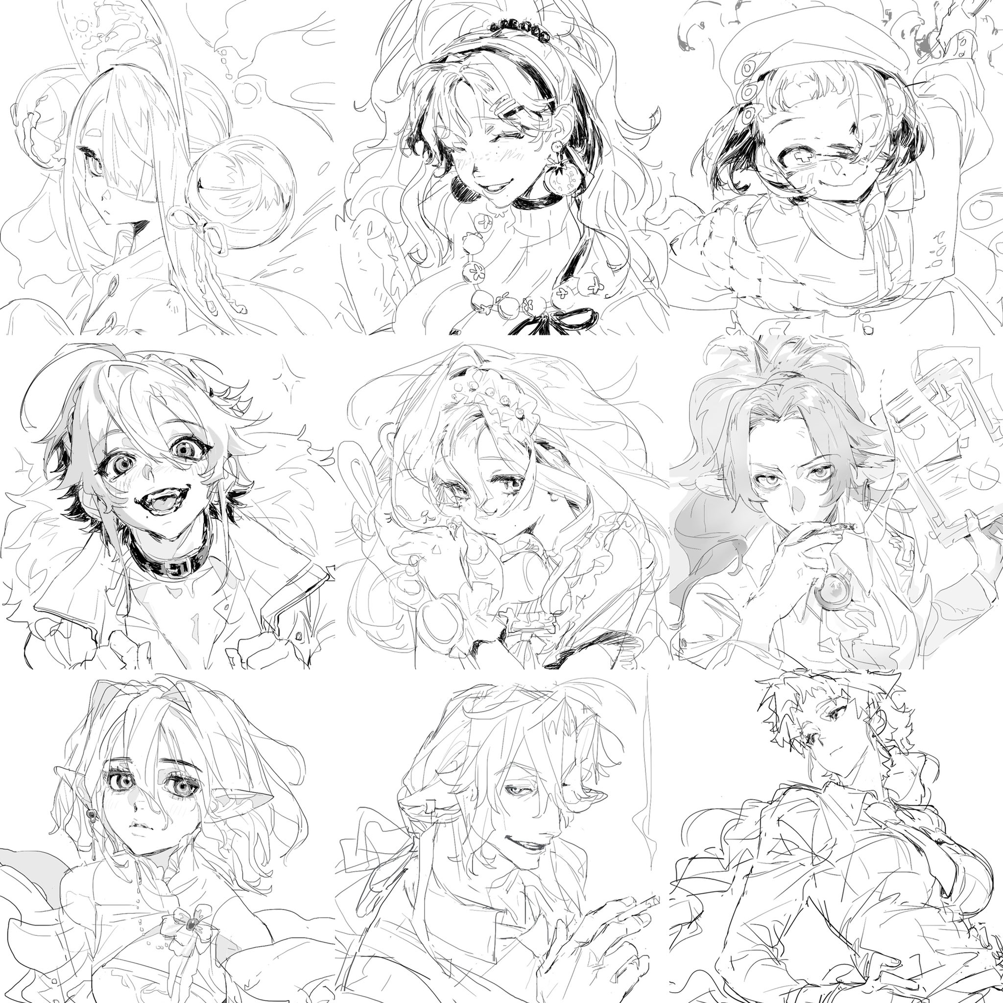 the image is a collection of nine different animestyle portraits of various characters, each drawn in a black and white sketch style. the characters are all posed looking at the viewer with varying expressions, each with unique hairstyles and clothing.  the style of the artwork is consistent throughout, with thin, delicate lines and a focus on detail.