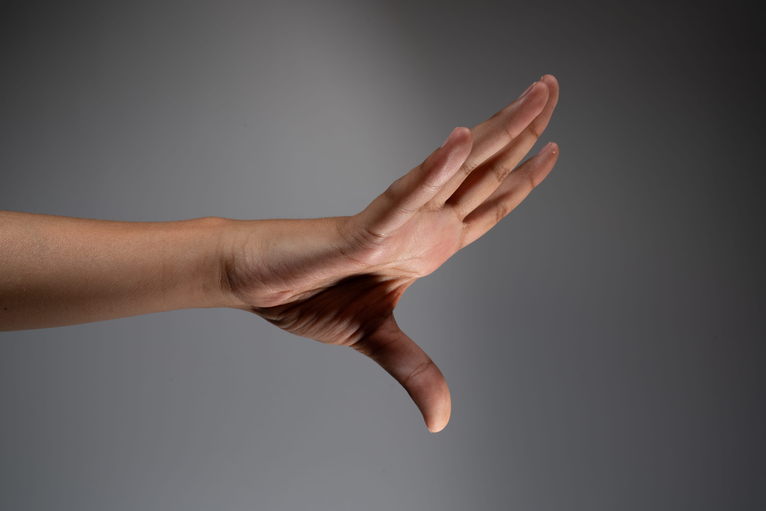 a closeup of a hand with extended fingers against a neutral gray background. the hand is positioned with the palm facing the viewer, and the fingers are spread apart. the thumb is slightly bent inward, creating a dynamic gesture. the lighting is soft and diffused, highlighting the texture and contours of the hand.