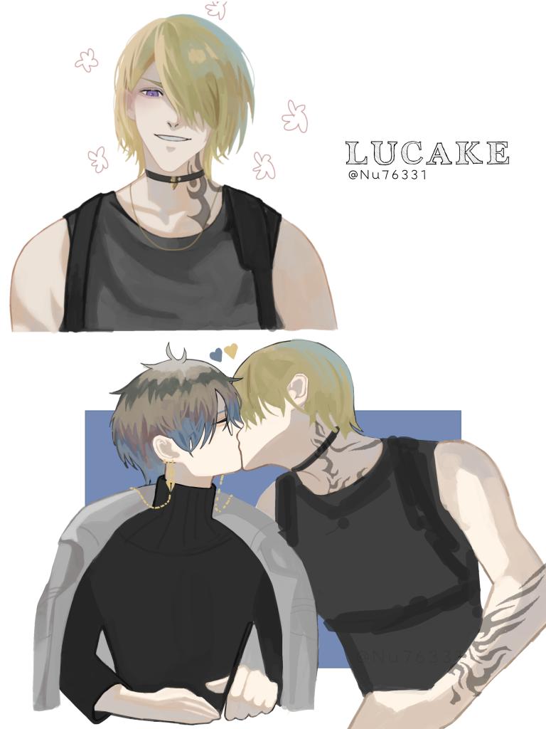 the image features two anime boys, one with blonde hair and the other with blue hair. they are drawn in a style that is common in anime and manga. the blonde boy is wearing a black sleeveless shirt, and the bluehaired boy is wearing a black turtleneck sweater with a gray jacket over it. the blonde boy is leaning in to kiss the bluehaired boy on the cheek. they are both smiling, and they seem to be very happy together. the image is set against a light blue background with some light flowers on the top.  the image suggests a romantic relationship between the two boys, and it is drawn in a way that is both cute and adorable. it conveys a sense of love and affection.