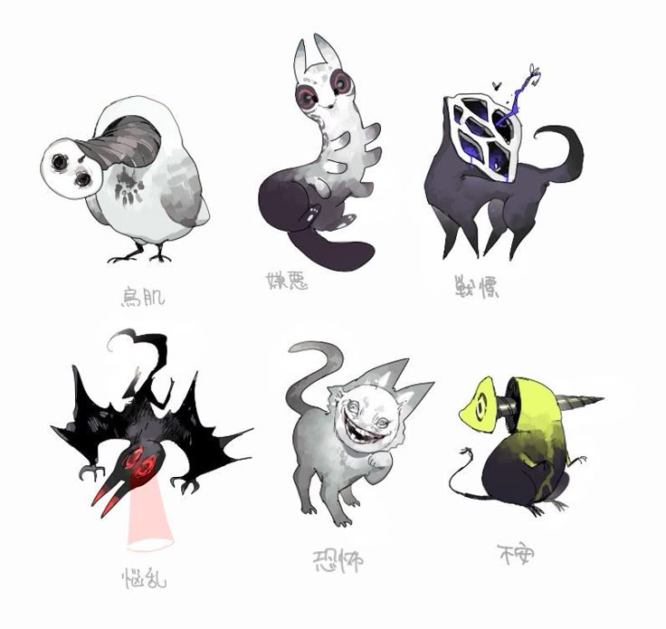 the image shows a collection of six grotesque fantasy creatures arranged in a 2x3 grid. each creature has a distinct and disturbing design, combining animalistic features in unusual ways. they appear to be drawings or illustrations, with a dark and eerie aesthetic. the creatures have labels under them in an asian language, most likely chinese.