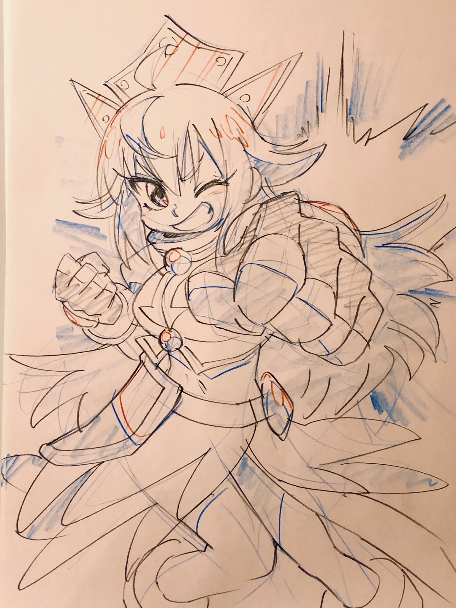 the image is a sketch of an anime girl drawn with red and blue pencils on white paper. the girl is wearing an intricate outfit that includes a flowing dress, armorlike accessories on her arms and legs, and a large, ornate headpiece.  her hair is long and flowing, and she has a determined expression on her face, with a wide grin and one eye closed in a confident wink.  she is striking a dynamic pose, with one fist clenched and raised in the air, as if she is ready for a battle or challenge. the lines of the drawing are energetic and fluid, capturing the girl's lively personality. the red and blue pencils add a sense of depth and dimension to the sketch, while the white paper provides a clean and bright background that makes the girl stand out.