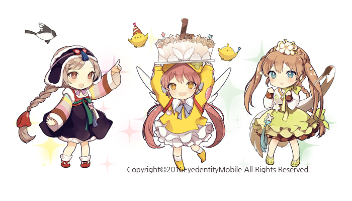 the image features three chibistyle characters celebrating a birthday. a fairy with pink hair holds a cake adorned with a "1" candle, indicating a first birthday. to her left, a girl in traditional attire points excitedly, while to her right, another girl in a flowery dress claps. the overall ambiance is lighthearted and festive.