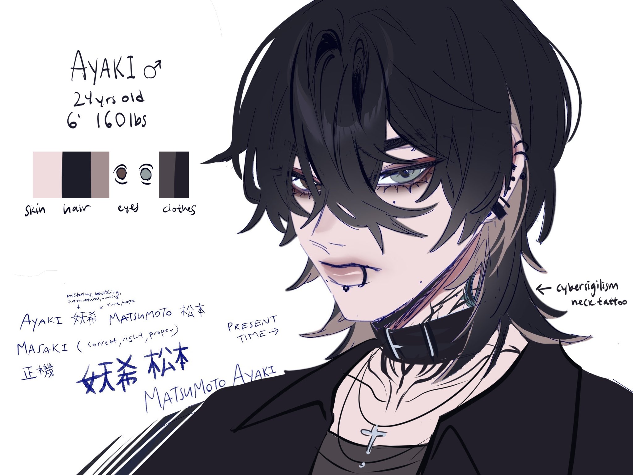 this is a drawing of an anime character, a male who appears to be in his late teens or early twenties. he has dark hair and eyes with eyeliner, and his hair is styled in a modern way. he has multiple piercings in his ears, lip, and eyebrow, and he is wearing a black outfit, a choker, and a necklace, with a cross pendant. he has a large tattoo on his neck, which is a stylized skull with some other designs, and the inscription “cybersigilism.”  the character is staring into the distance with a cool expression, which adds to his edgy aesthetic.
