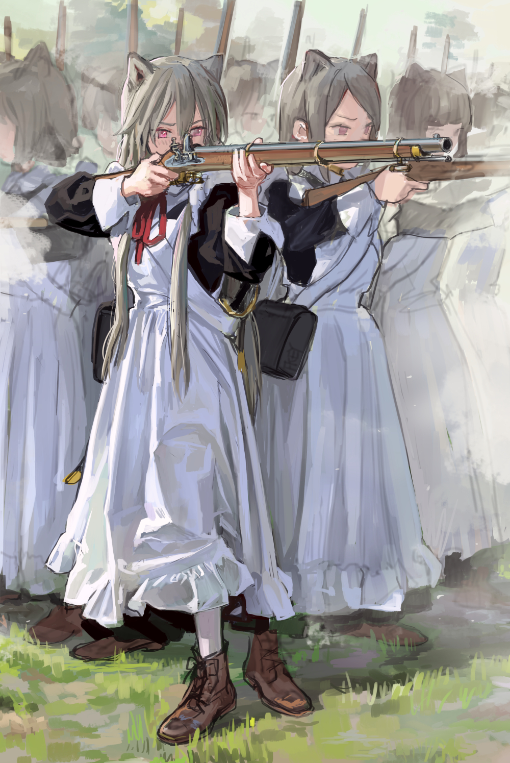 the image features a line of animestyle girls with cat ears, dressed in white dresses and dark vests, holding muskets. they appear to be in a military formation, possibly a firing squad or regiment.