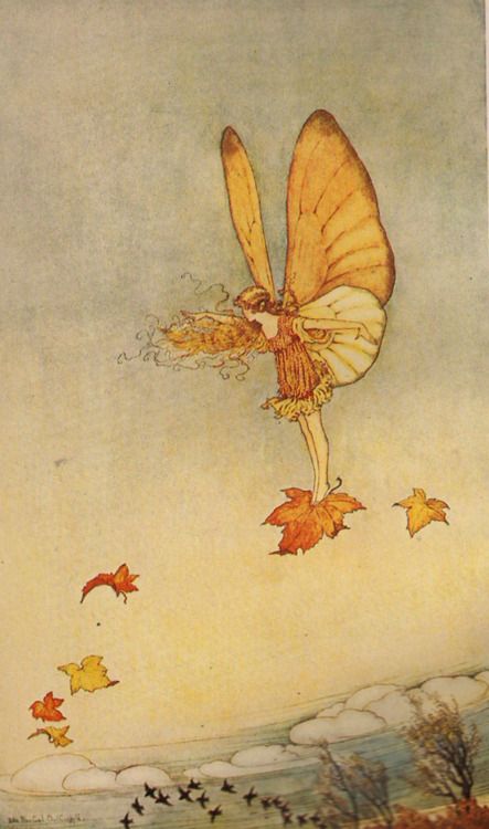 an illustration depicts a fairy riding on a falling autumn leaf. the fairy has large wings, and she is surrounded by other falling leaves. in the background, there are trees, clouds, and a flock of birds flying in formation. the artwork has a vintage feel.