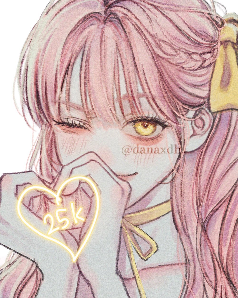 the image is a digital illustration of a cute animestyle girl with long, pink hair styled with a braid and a yellow bow. she is making a heart shape with her hands, and inside the heart is the text "25k" in a glowing yellow font, suggesting a social media milestone like 25,000 followers. the overall style is pastel and soft, with a watercolorlike texture. the artist's tag, "@danaxdh," is visible in the image.  the expression on the girl's face is sweet and appreciative.