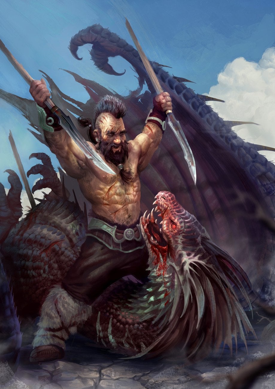 a muscular, barechested barbarian with a mohawk hairstyle stands triumphantly atop a fallen dragon. he holds aloft two short swords, his body covered in wounds from the battle. the dragon, its scales a mix of red and green, lies slain beneath him, its mouth agape in a silent roar. jagged mountains and a cloudy sky form the backdrop of this victorious scene.