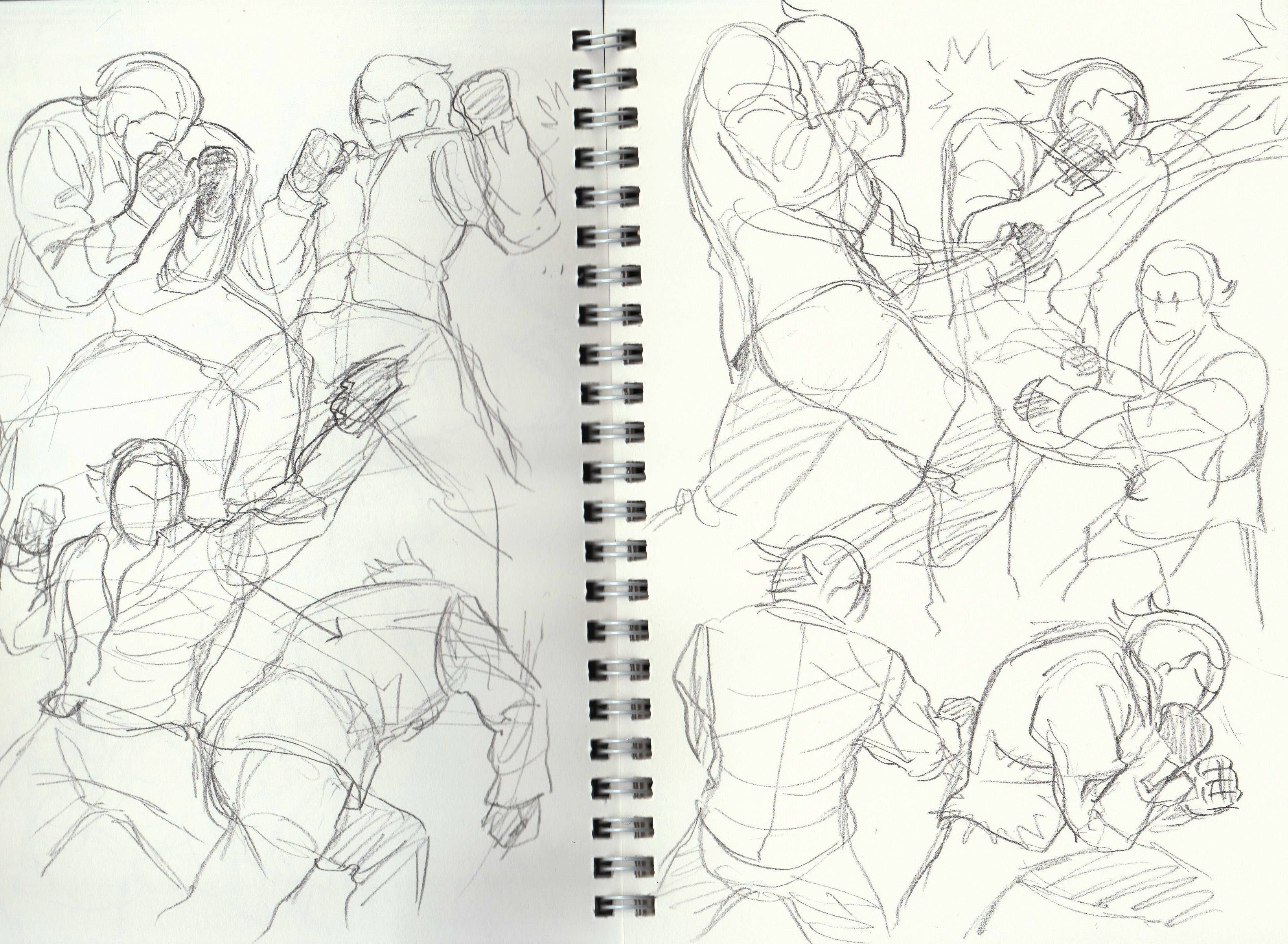 this image shows a sketch of several figures fighting in a martial arts style. the sketches are drawn on a notebook page, and the figures are mostly done in a silhouette style. the sketches are slightly messy, implying that it is just a rough draft. the focus of this image is the action and the dynamic poses of the figures. it is clear that the artist is trying to capture the energy and movement of a fight scene.