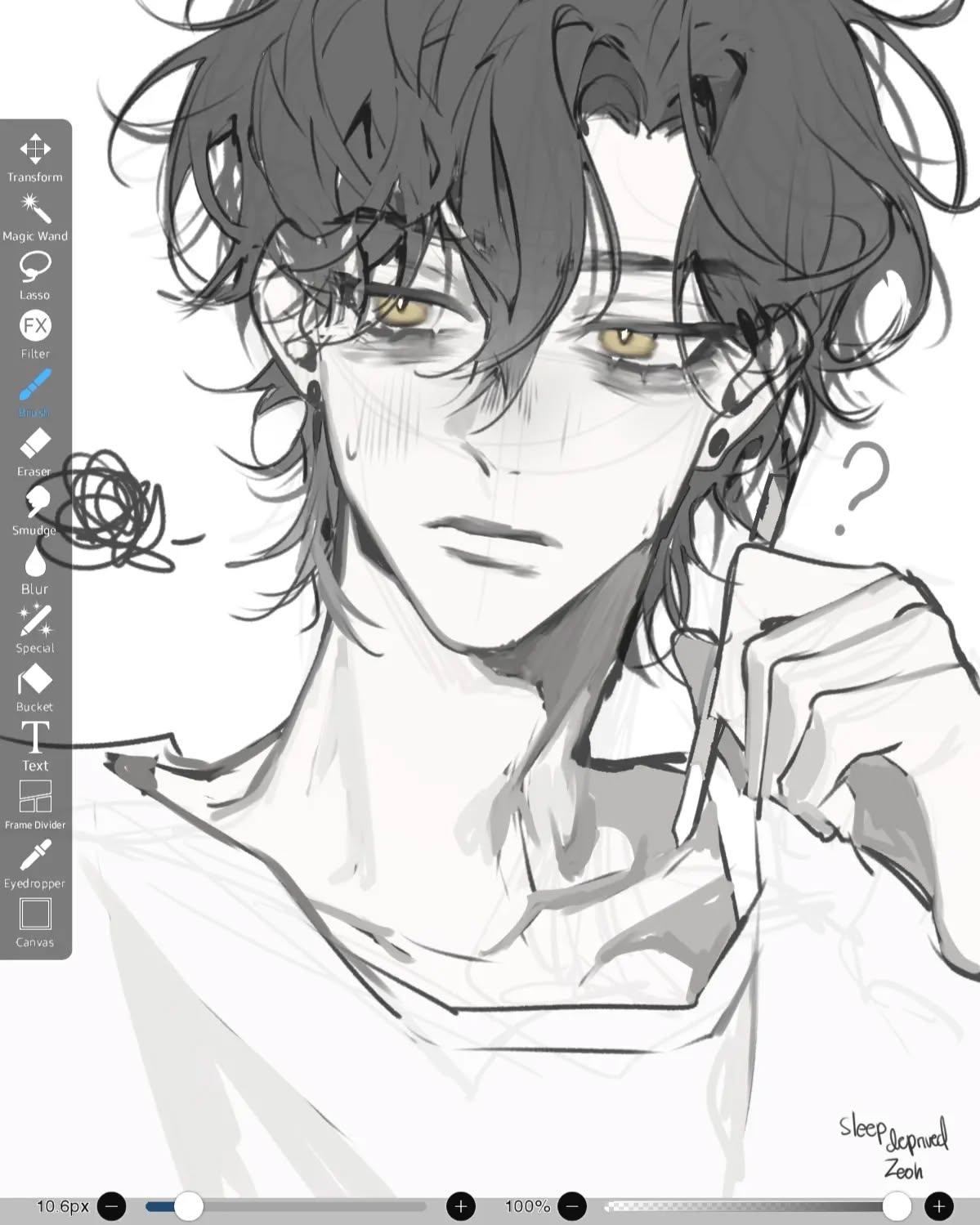a closeup digital drawing of a young animestyle man with dark hair and expressive golden eyes.  the artwork is primarily in grayscale, with hints of shading to create depth and texture. the man is depicted holding a pen near his face, possibly sketching or drawing.  the image includes a digital art software interface on the left, indicating it's a work in progress. the style is sleek and modern with a focus on emotional expression in the character's features. the watermark at the bottom right corner suggests the artist's name.