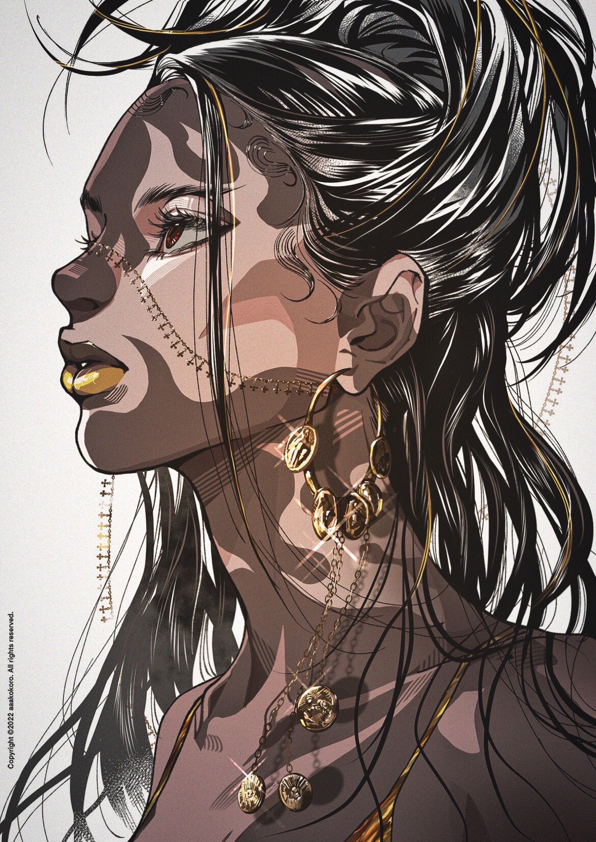 the image features a stylized portrait of a black woman with her head turned in profile. she has dark brown skin, sharp cheekbones, and full lips adorned with gold lipstick. her hair is pulled back in a sleek, high bun, and she wears elaborate gold jewelry, including large hoop earrings with dangling coins and a choker with similar coin accents. the artwork employs a bold, graphic style with strong linework and a warm color palette.