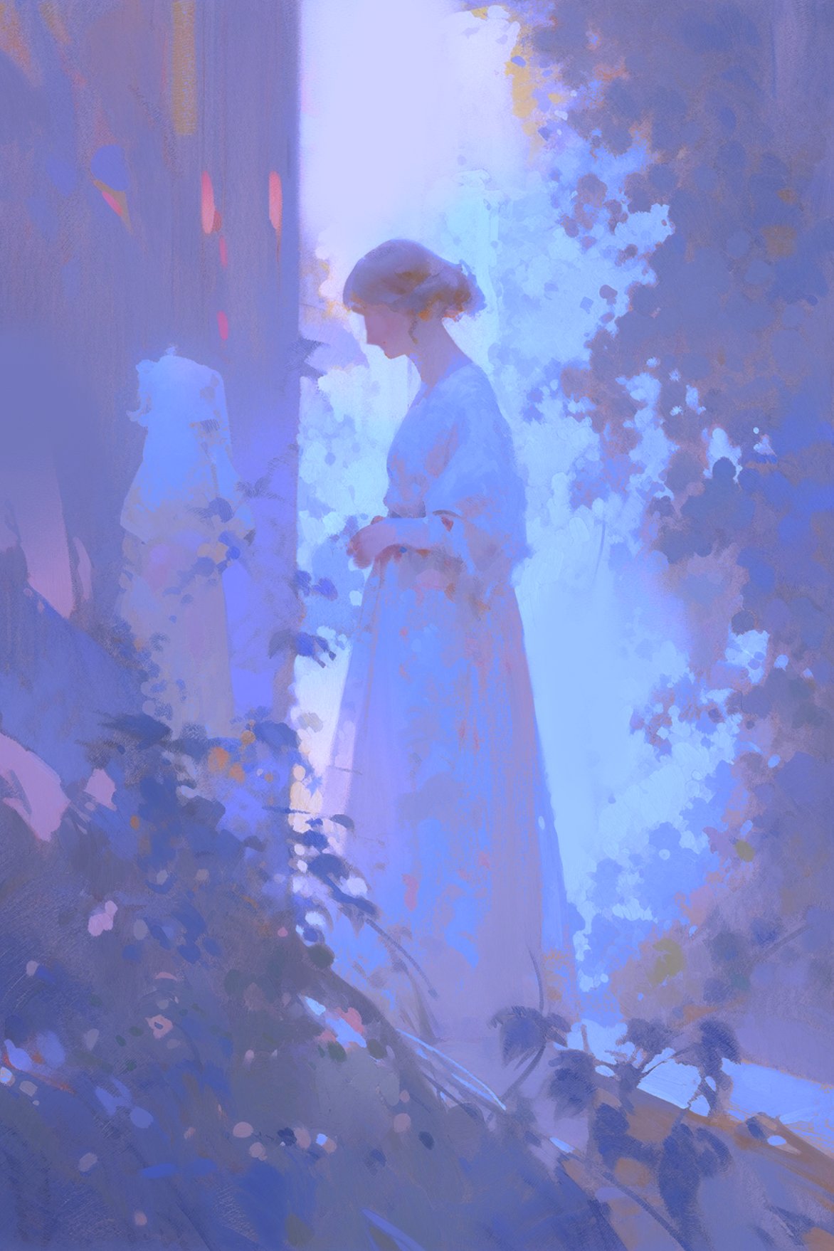 a digital painting of a woman in a white dress standing in a forest, bathed in soft, ethereal light. the colors are muted and pastel, creating a dreamy and romantic atmosphere. the woman's face is partially obscured by her hair, adding to the mystery of the image. the forest behind her is dense and lush, with leaves and flowers blooming in shades of blue and purple. the painting is both beautiful and evocative, capturing a moment of quiet contemplation and peace.