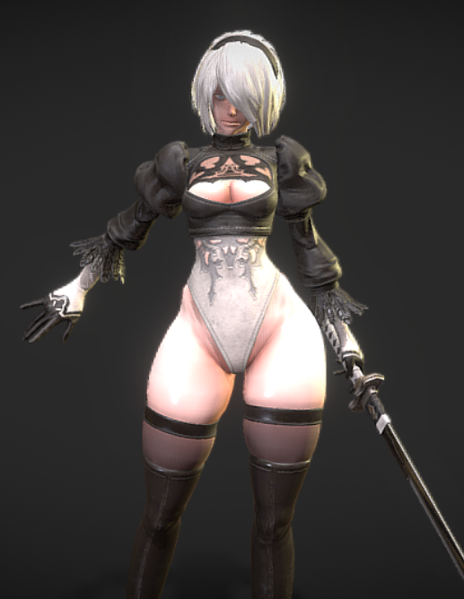a detailed 3d render of a female video game character, strongly reminiscent of 2b from nier automata.  she has white short hair, wears a black and white bodysuit, long black gloves and boots, and is holding a katana. the rendering style is realistic and shows high attention to detail, particularly in the character's anatomy and clothing. the background is a simple dark gray.