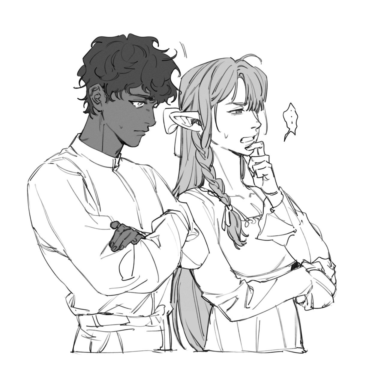 a line art sketch of a couple. the male character, a darkskinned human with short curly hair, has his arm around the shoulders of the female character, who is an elf with long straight hair and pointed ears. the man is looking towards the ground and the woman has a hand on her chin, looking to the side and thinking. the woman has a thoughtful expression on her face.